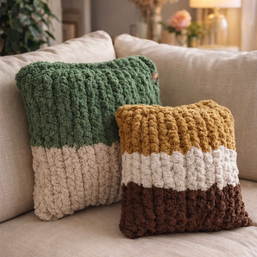 Deux. Coussins tricoté à la main de la marque, fil de miel.