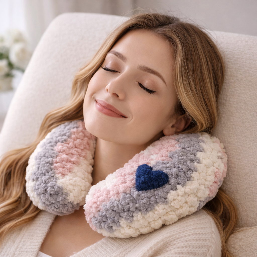 Tour de cou tricoter à la main de la marque fil de miel, les couleurs utilisées sont roses, poudré, gris, taupe et lin naturel