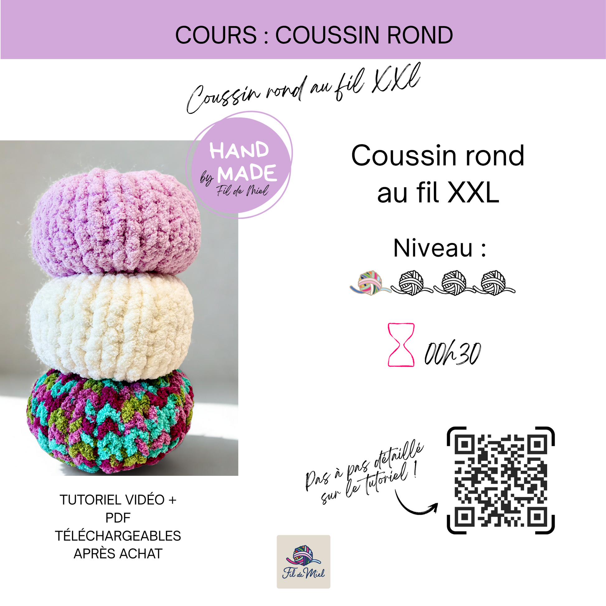 Fichier tutoriel tricot à la main pour réaliser un coussin DIY
